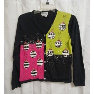 Jack B Quick Ugly Christmas Sweater Pink Black Green Ornaments Embroider...